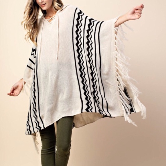RELISTED Hooded Fringe Premium Cotton Blend Knit Poncho - Picture 2 of 8